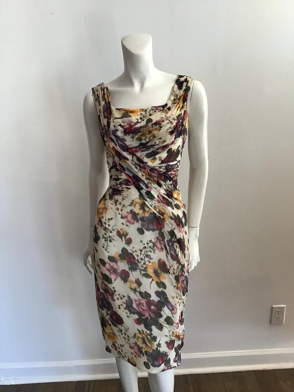 1950s Ceil Chapman Cream Floral Silk Chiffon Cocktail Dress-size 6