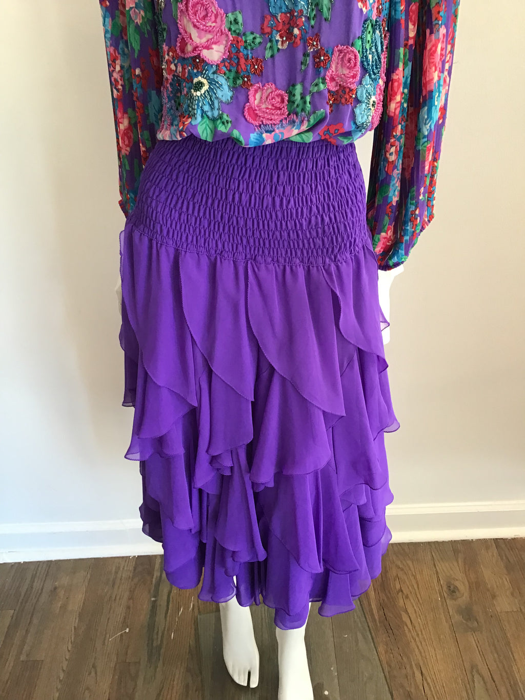 1980's Diane Freis Purple Polyester Chiffon Tiered  /Floral  Dress Size 8