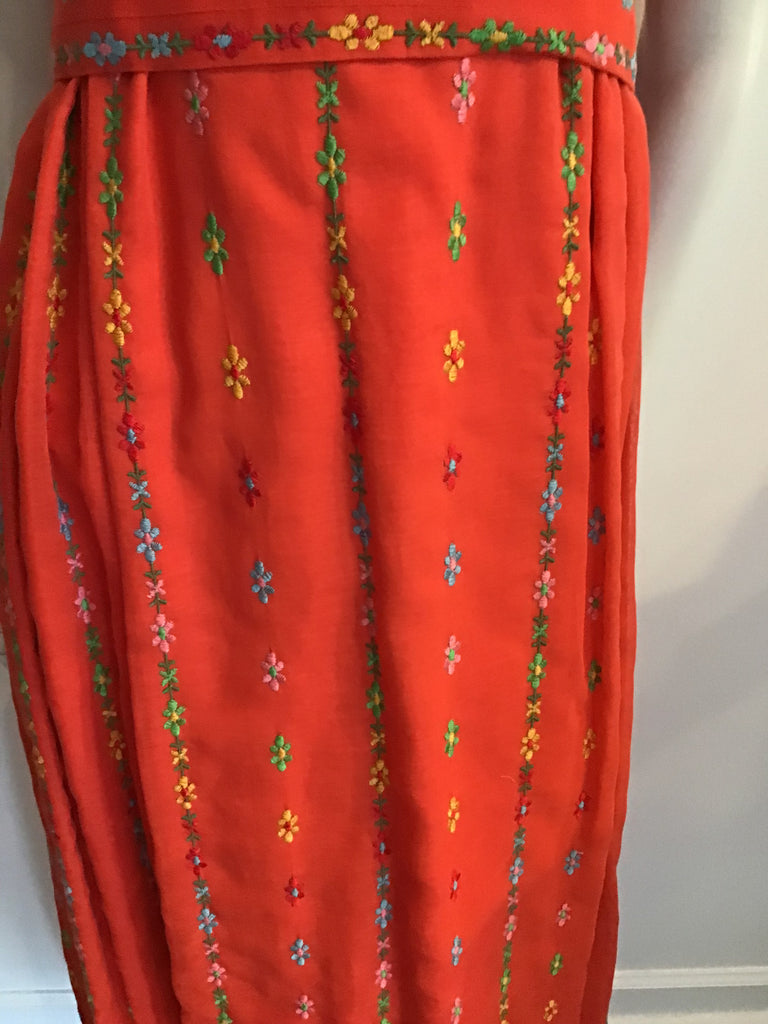 1970's Orange Cotton  Maxi Dress with Embroidery size 2-4