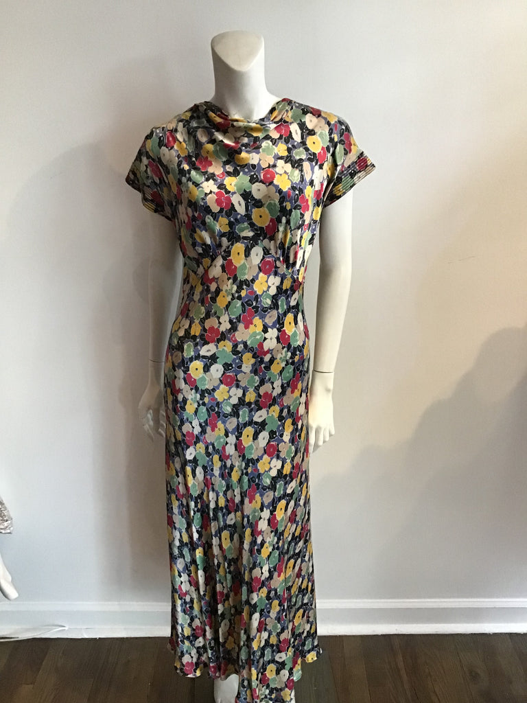 1930s Printed bias cut Silk Satin Dress