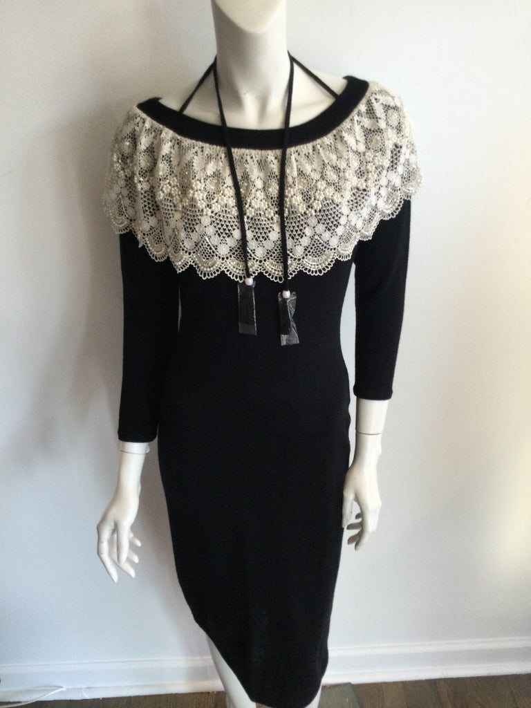 1980s vintage Diane Fres Black Knit dress with lace collar