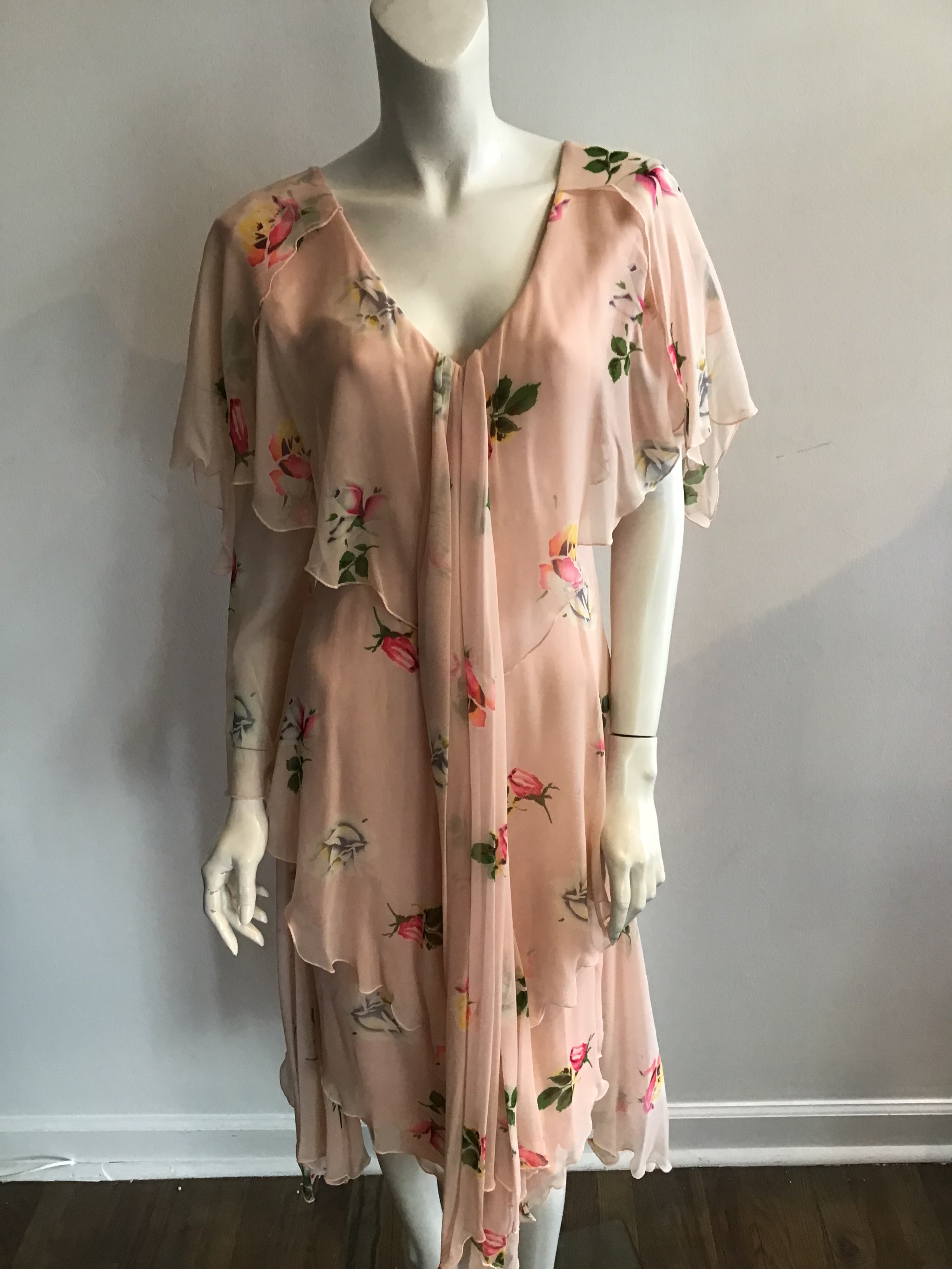 1980's Holly Harp Silk Chiffon Pink Floral Tiered Dress Size 8/9