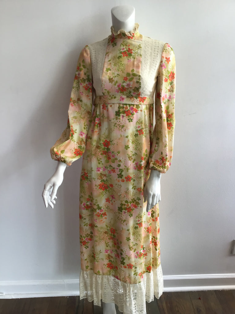 1970's Orange Floral Polyester Maxi Dress with lace size 0-2