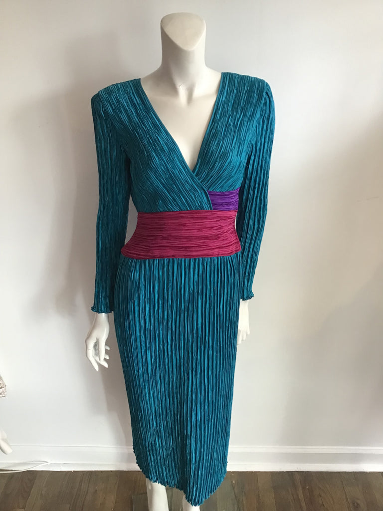 Vintage 1980s Teal Mary Macfadden silk dress magenta waist