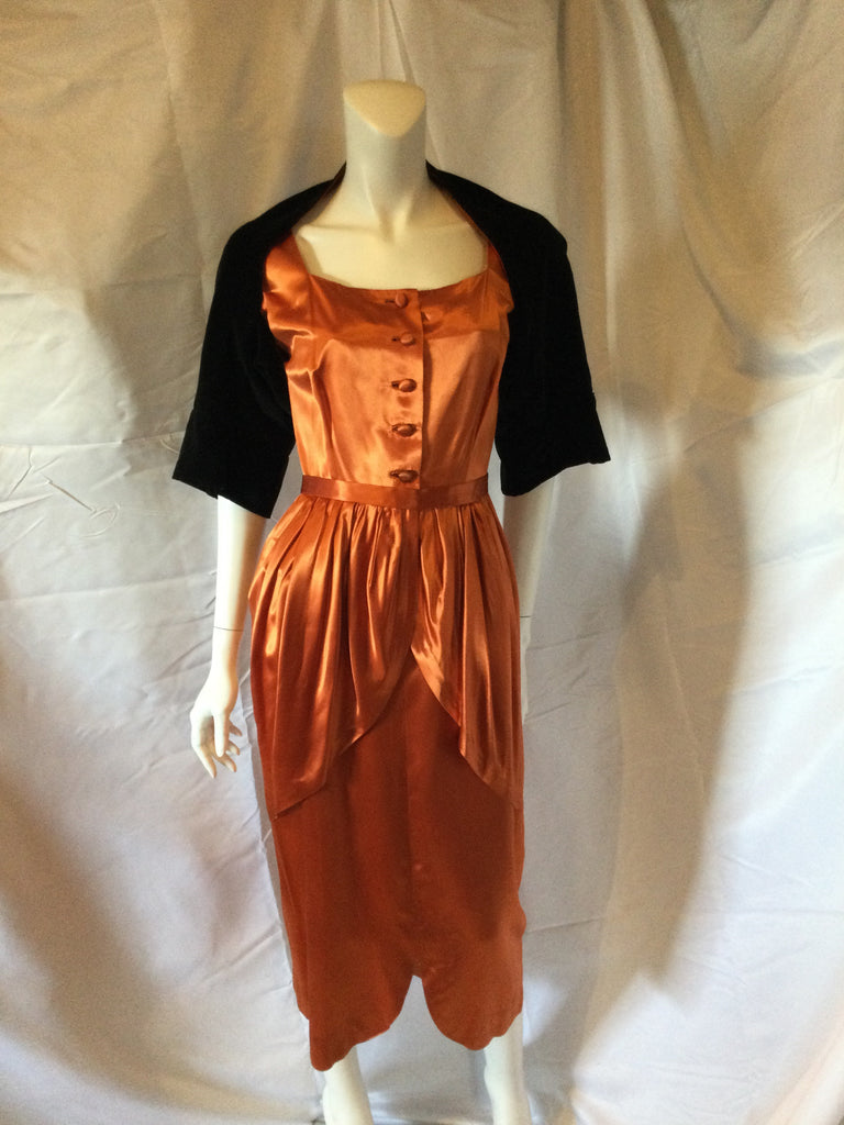Mary Washburn 1940's Copper Satin Cocktail Dress with Bolero -size 4/5