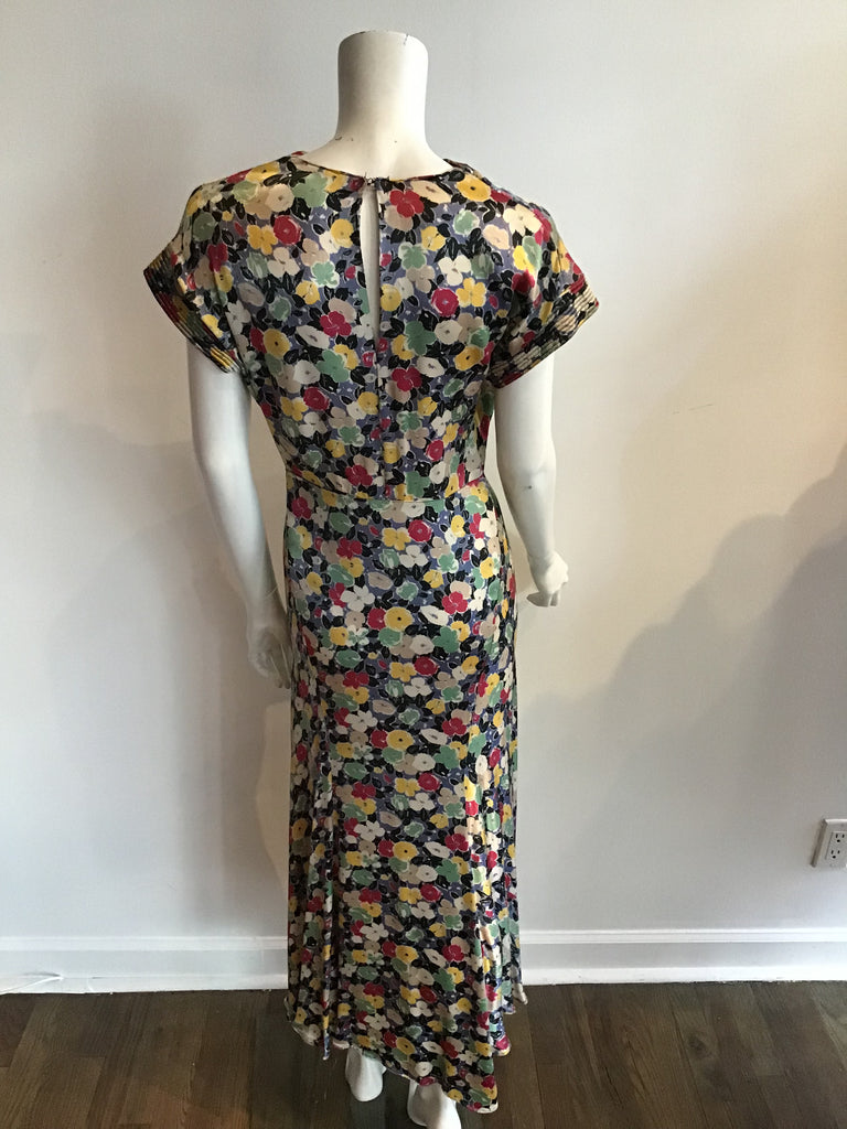 1930s Printed bias cut Printed Silk Satin Long Dress
