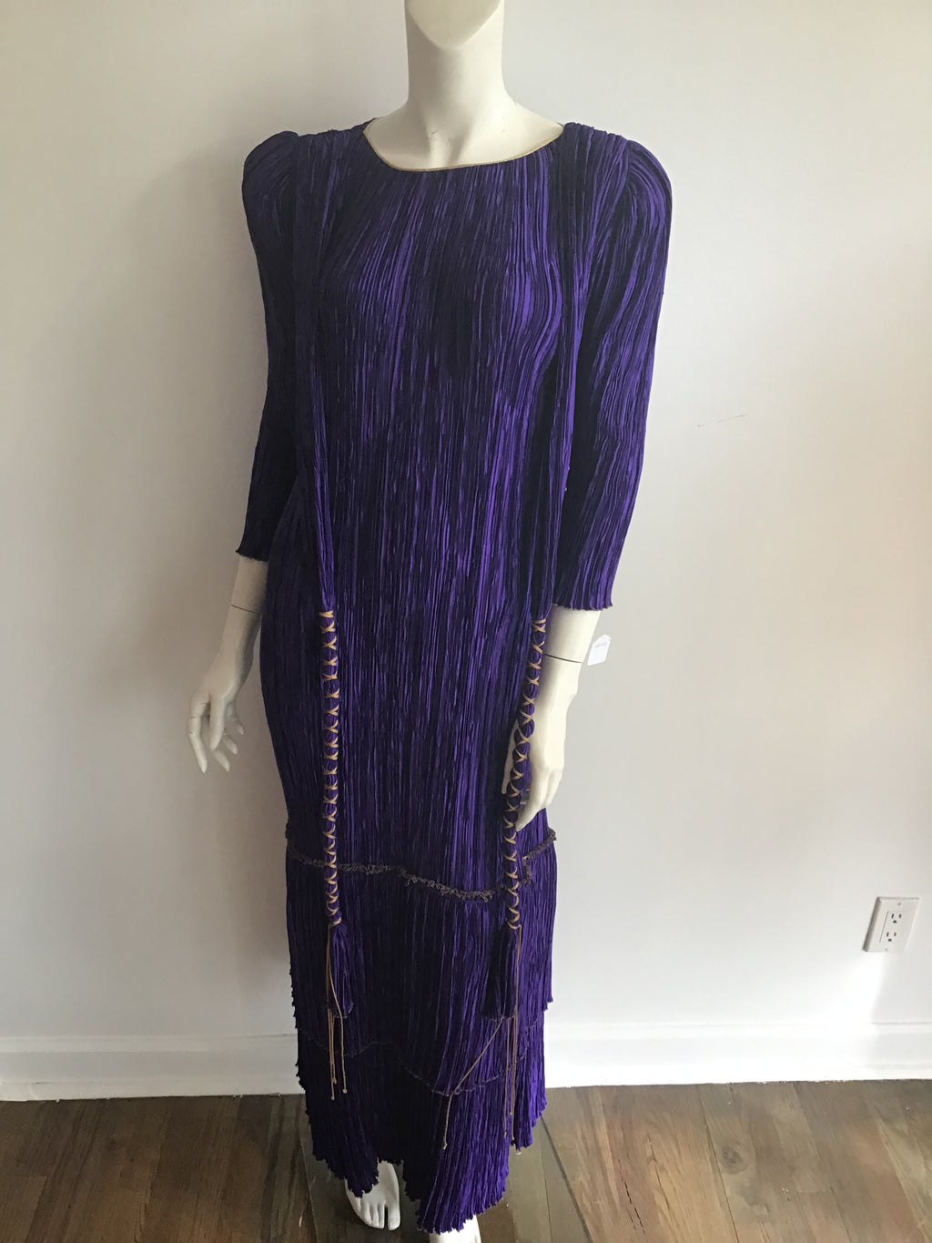 1980's Mary McFadden Couture Royal Purple Silk Pleated Gown with gold detailling -size 6