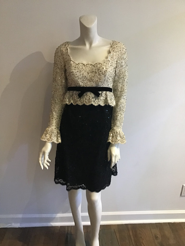 vintage 1960s Victoria Royal, white bodice and clack cotton chantilly lace sequinned embellished cocktail dress