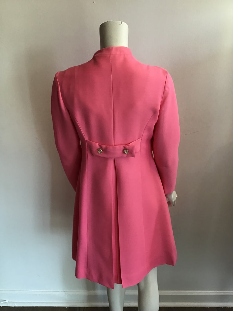 Vintage soft Pink 1960s silk dress and coat ensemble with rhinestone buttons. Mint condition