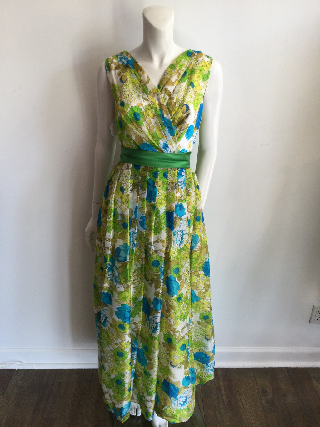 1960s Blue and Yellow Floral  Polyester Printed long Dress-size 7/8