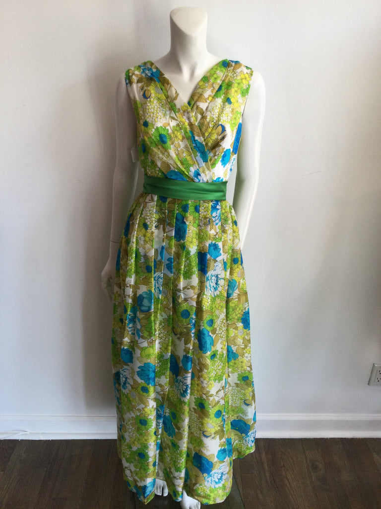 1960s Blue and Yellow Floral Printed Dress