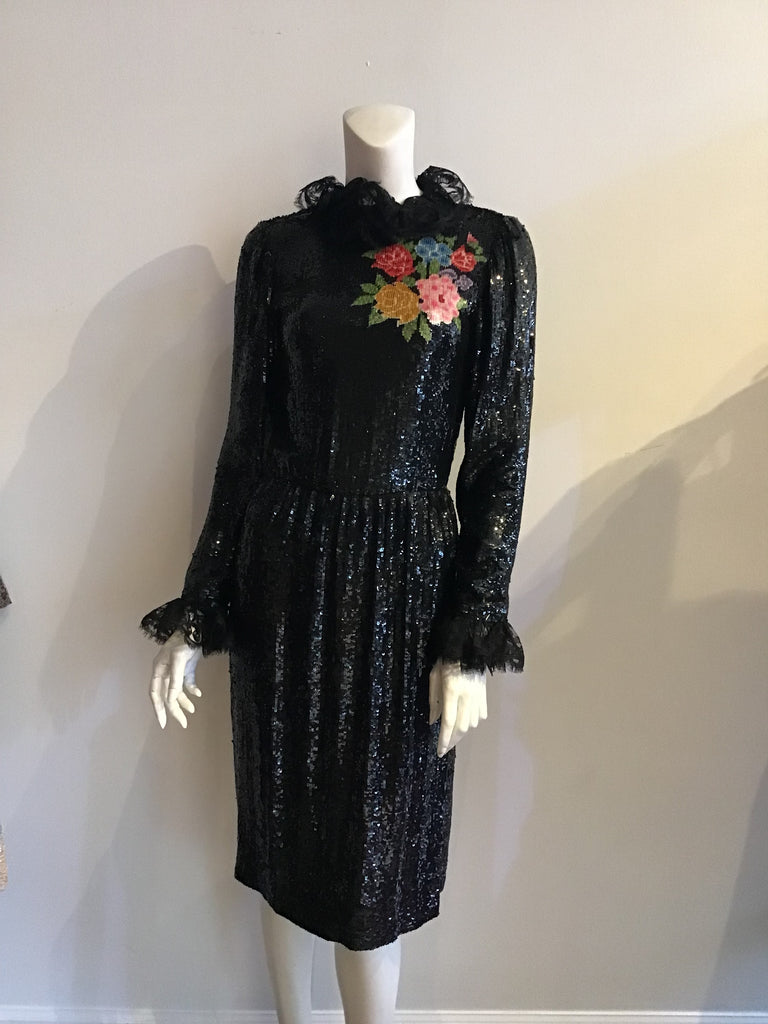 70s Oscar De La Renta Black Sequined Cocktail Dress