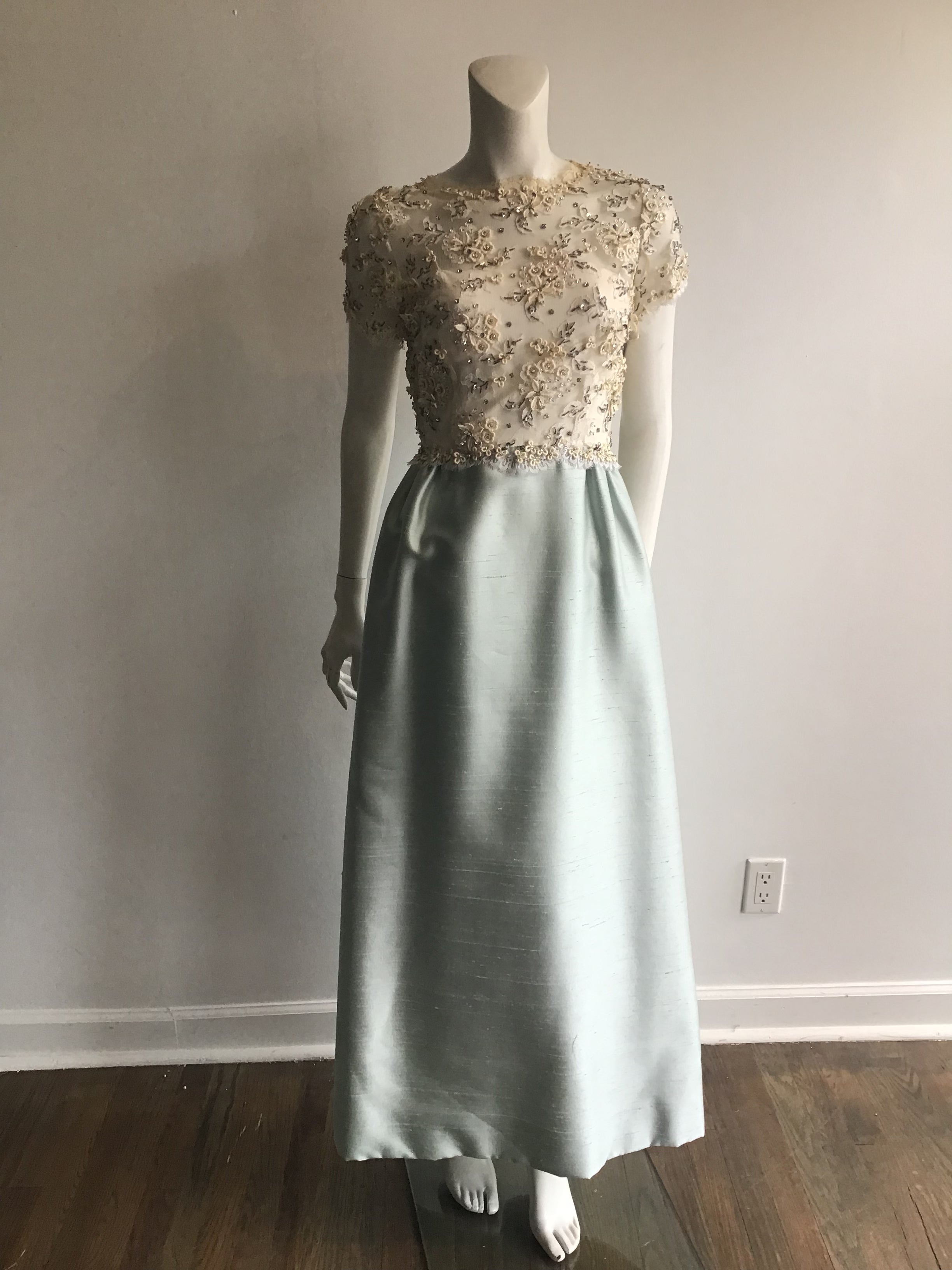 1960s Mat Kaplan Cream Lace and Light Blue Silk Shantung Beaded Evening Gown-size 6
