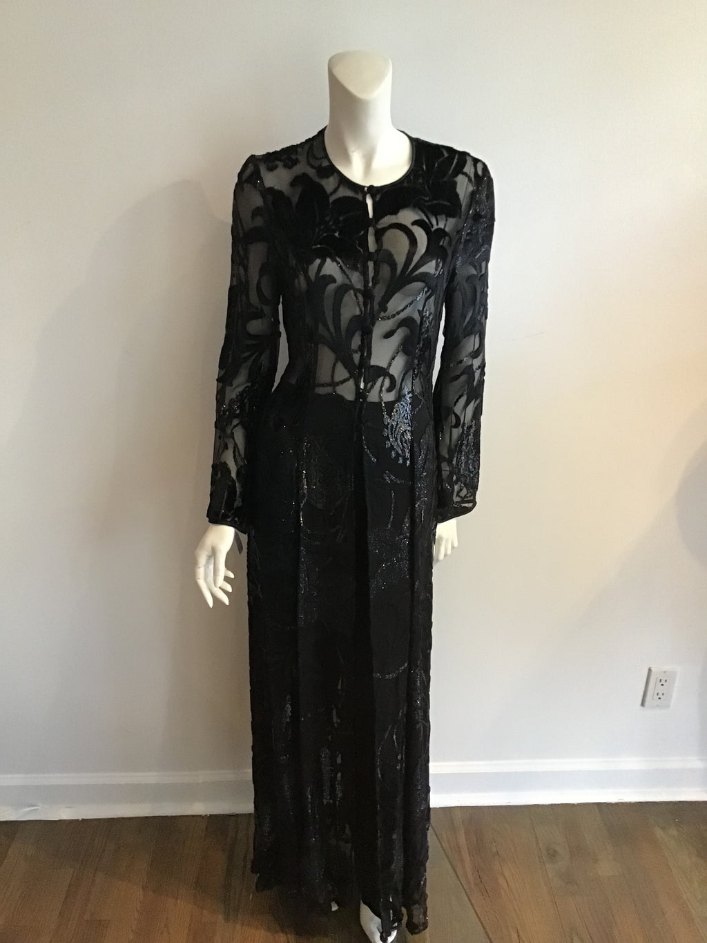 1990s Escada long black silk burnout velvet tunic and silk pants 