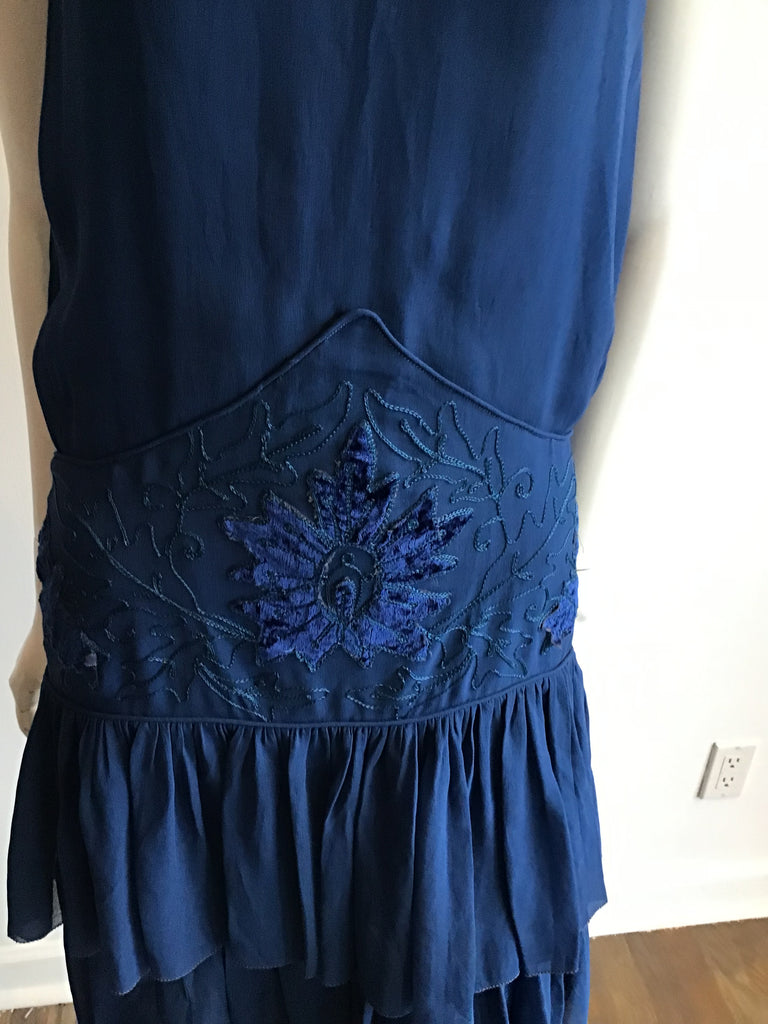 1920's Blue Silk Chiffon Dress with Embroidery size 4