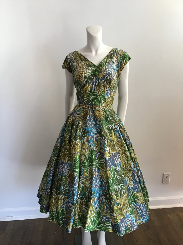 1950’s Henry Morgan Printed Green/Blue Silk Cocktail dress Size -6
