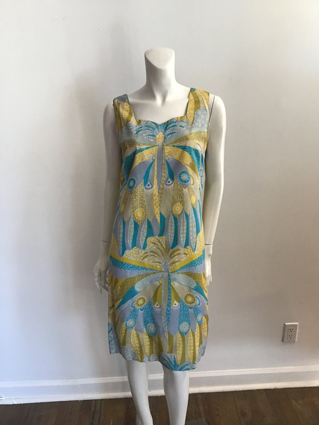 1960s Blue and Yellow Printed silk Shift Dress-size 8
