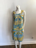 1960s Blue and Yellow Printed silk Shift Dress-size 8