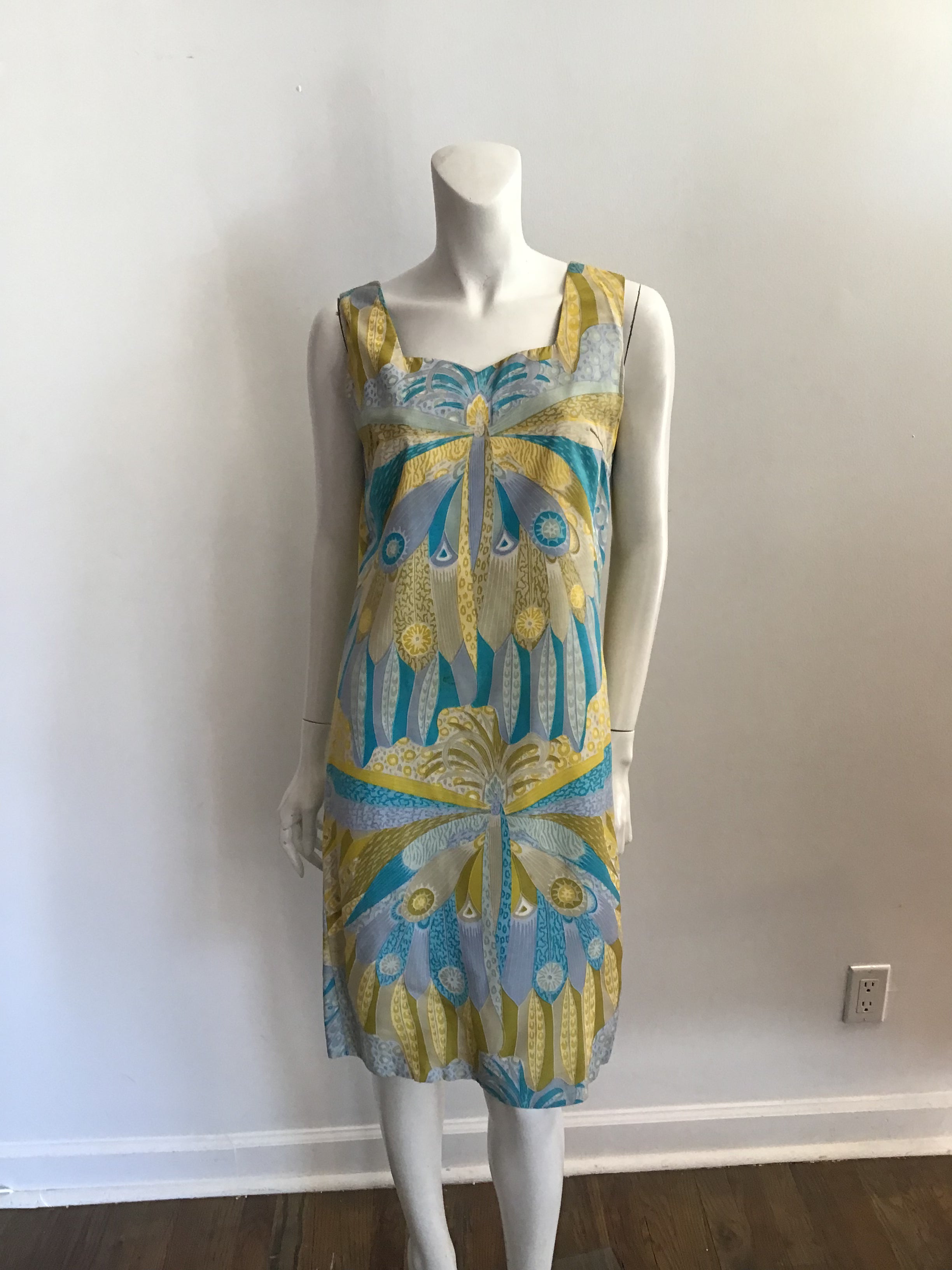 1960s Blue and Yellow Printed silk Shift Dress-size 8