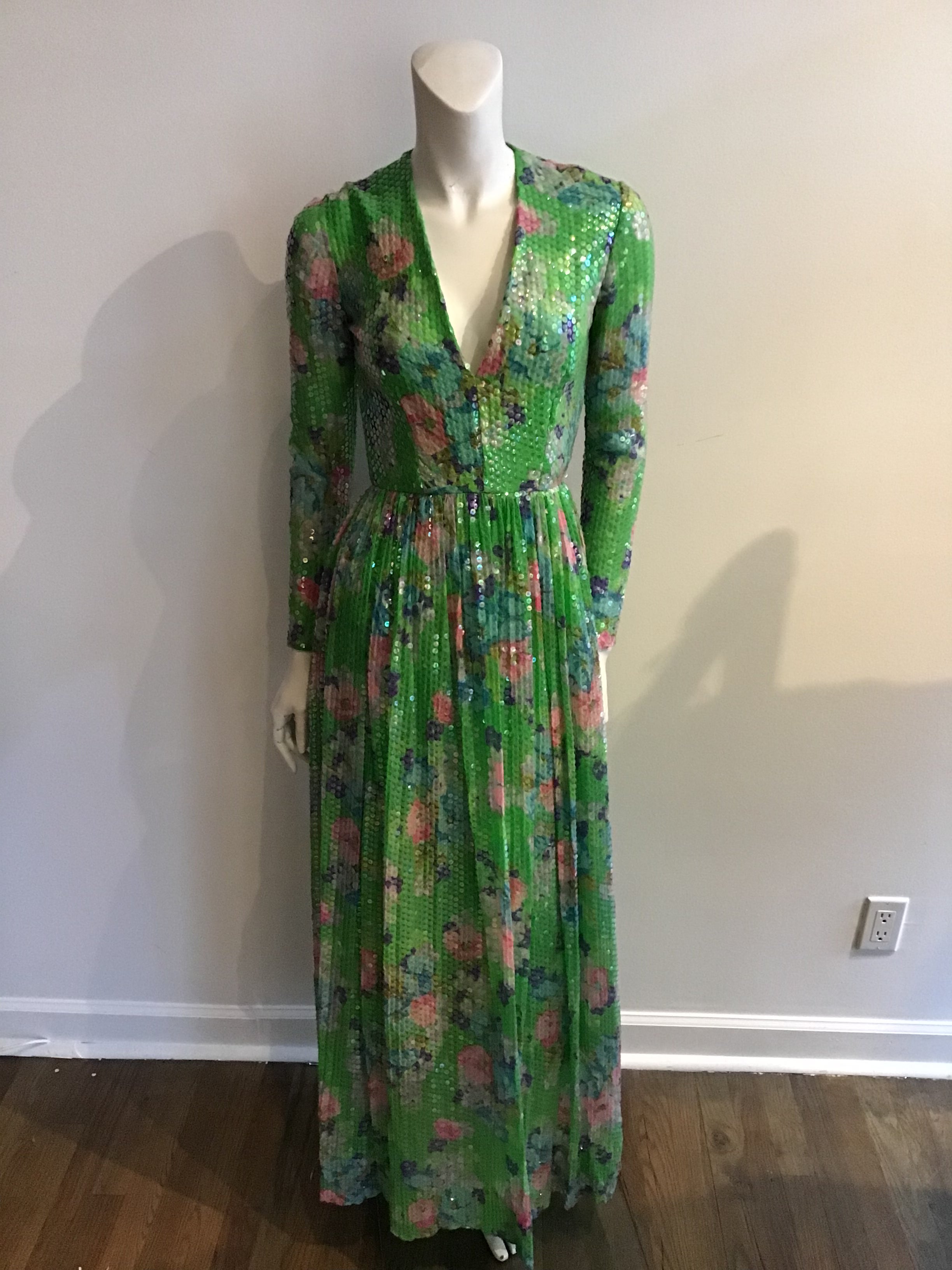 1960's Green Floral  Sequined Silk Chiffon Evening Gown-4/6