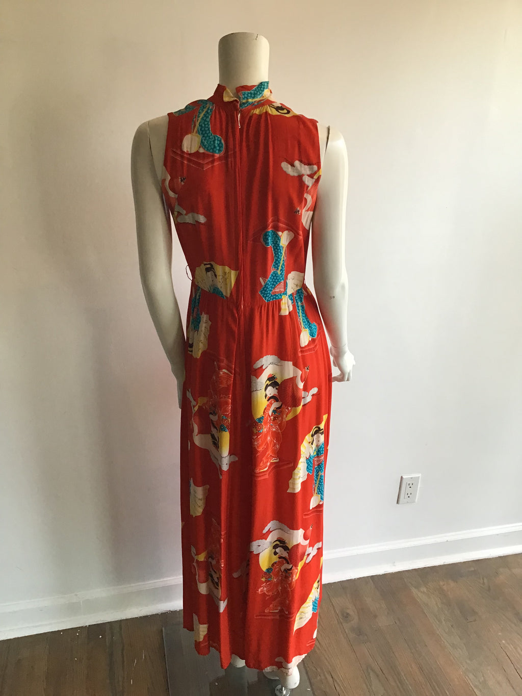 1960s Red Geisha Print Silk Jumpsuit size 7/8