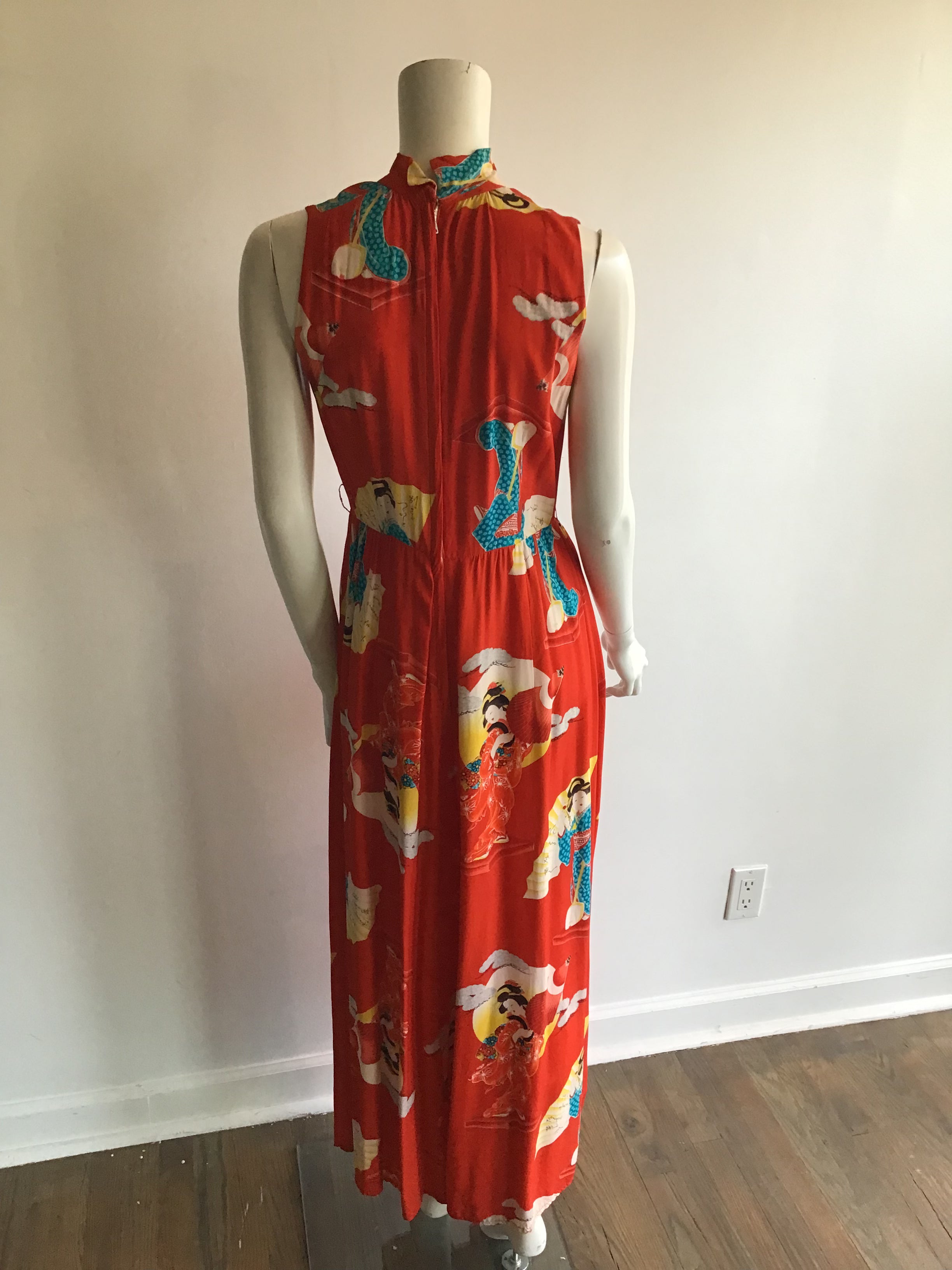 1960s Red Geisha Print Silk Jumpsuit size 7/8