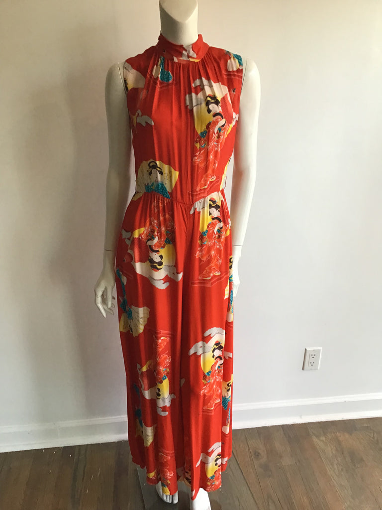 1960s Red Geisha Print Silk Jumpsuit size 7/8
