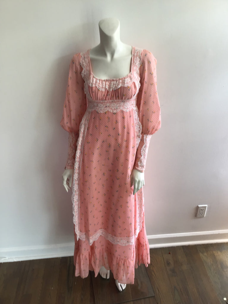 1970s Peach Dotted Swiss with Lace Maxi Dress