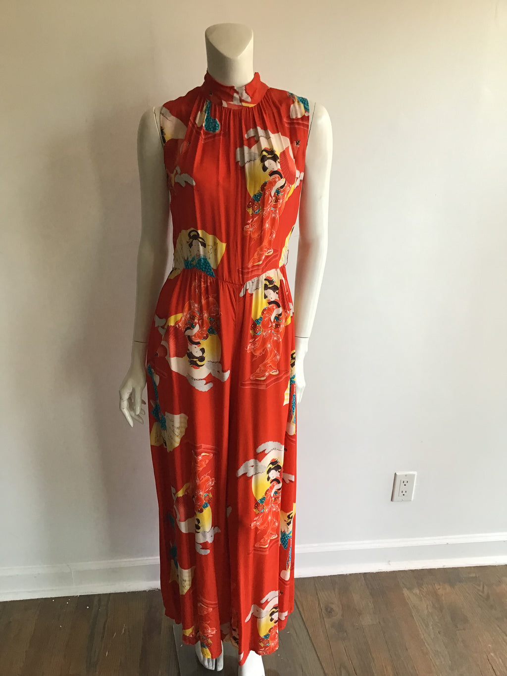 1960s Red Geisha Print Silk Jumpsuit size 7/8