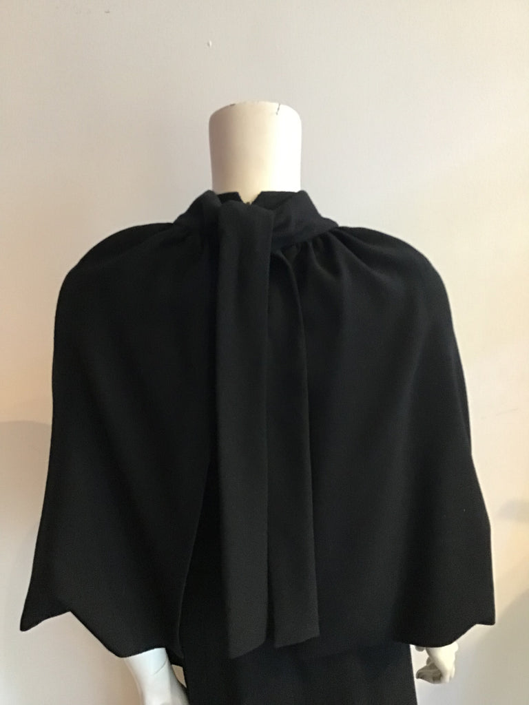 1960s Donald Brooks Black Wool blend Crepe Gown with Overlay Capelet -Size 6