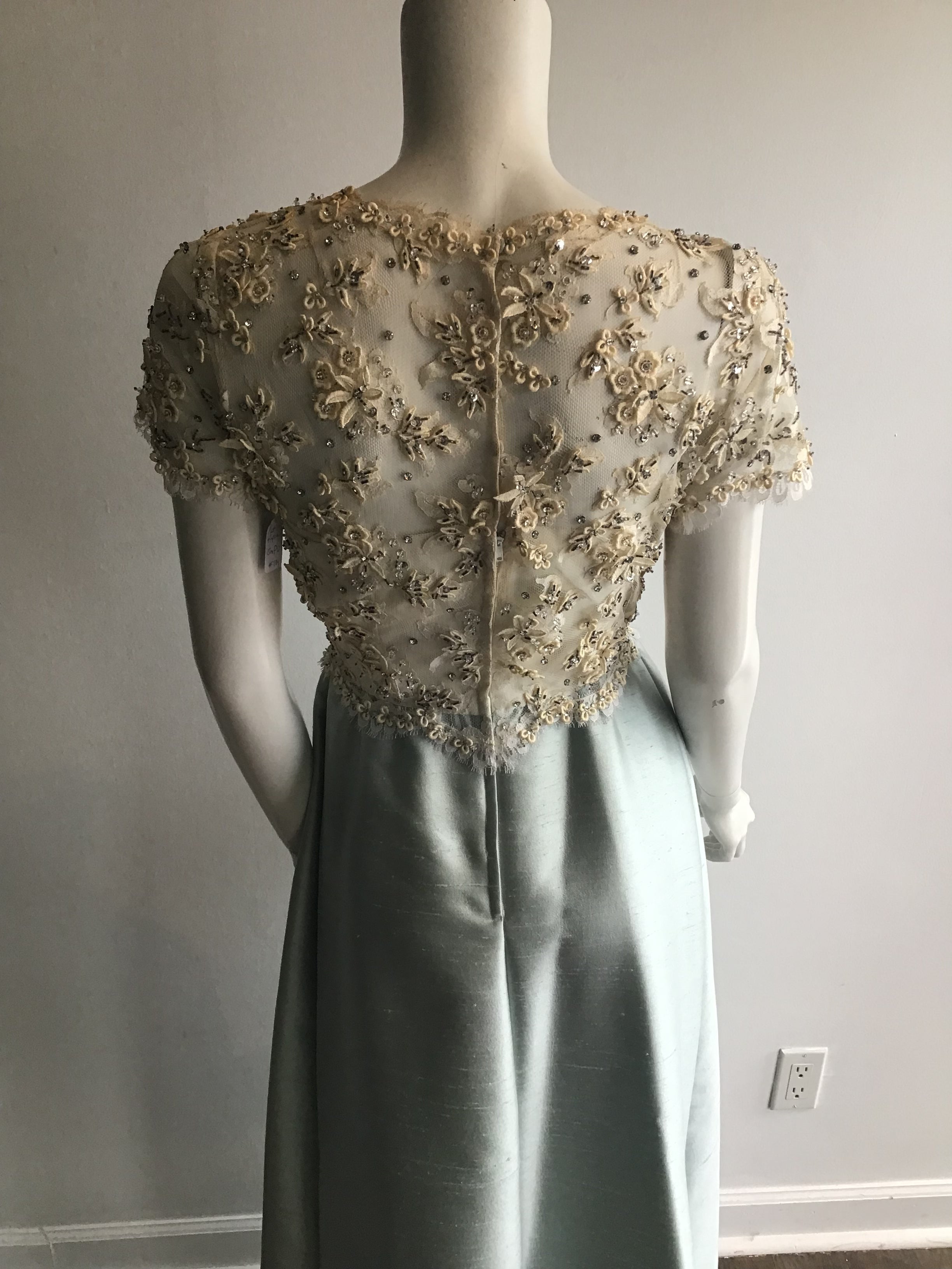 1960s Mat Kaplan Cream Lace and Light Blue Silk Shantung Beaded Evening Gown-size 6