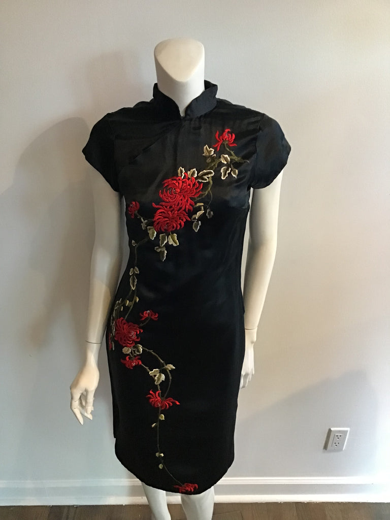 1950’s Cheongsam/Qipao Black Silk Satin Dress with Red Chrysanthemum embroidery-size 8