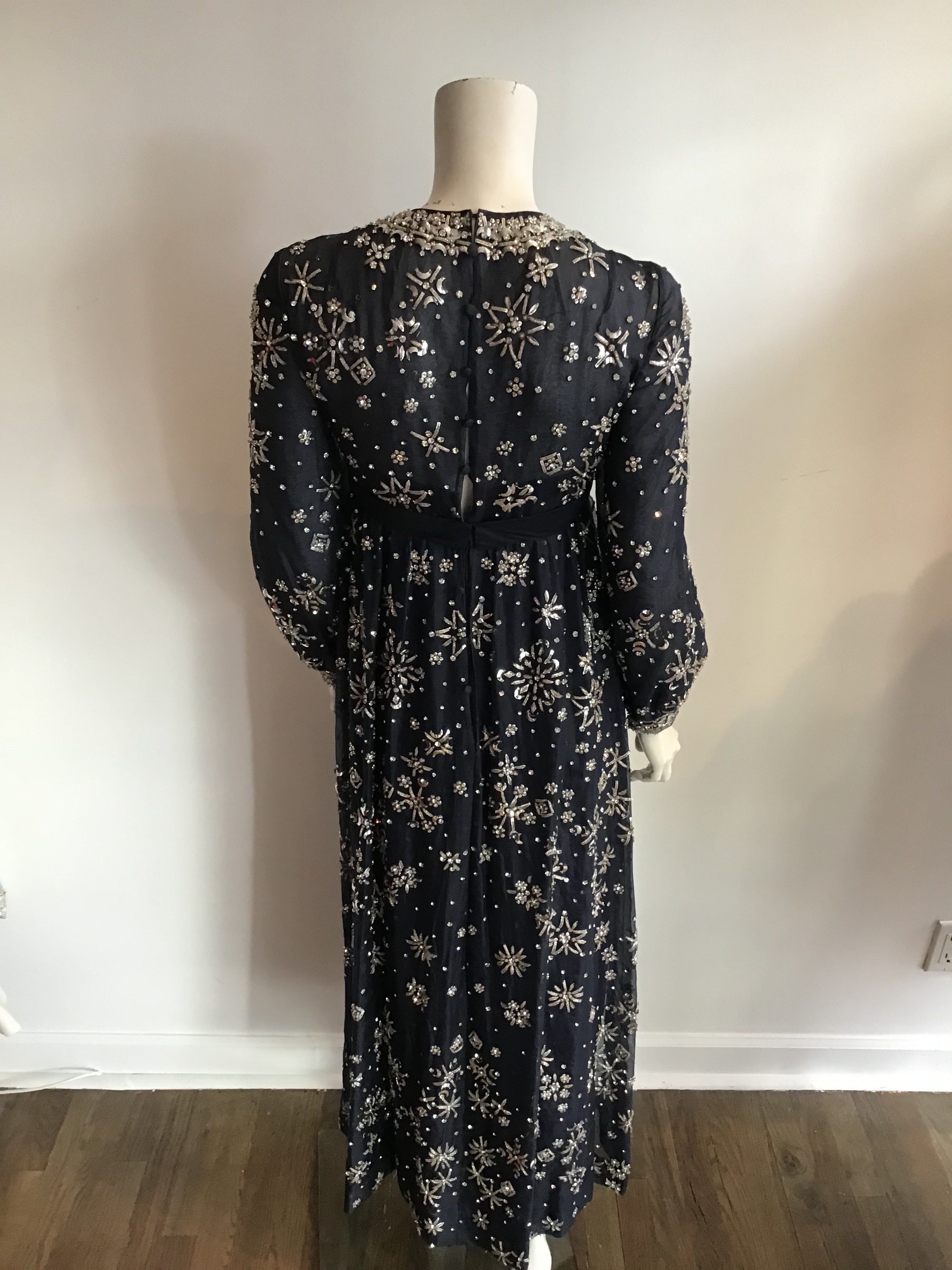 1960s  Blue Organza beaded Evening Gown-2/4