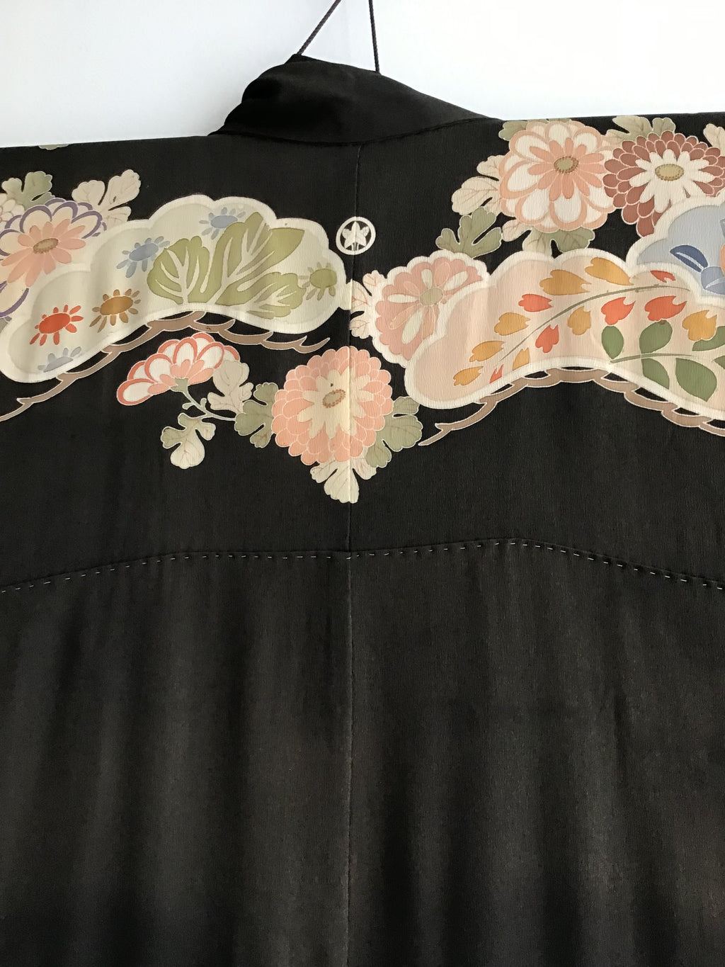 1930's Black Japanese Silk Crepe Kimono with  Flower Motif