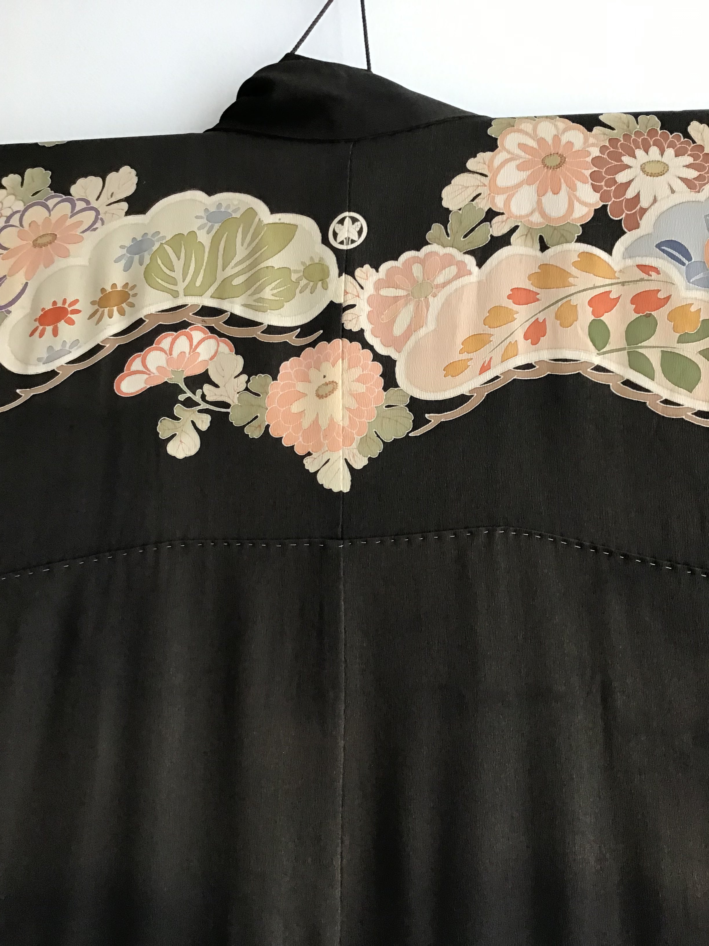 1930's Black Japanese Silk Crepe Kimono with  Flower Motif