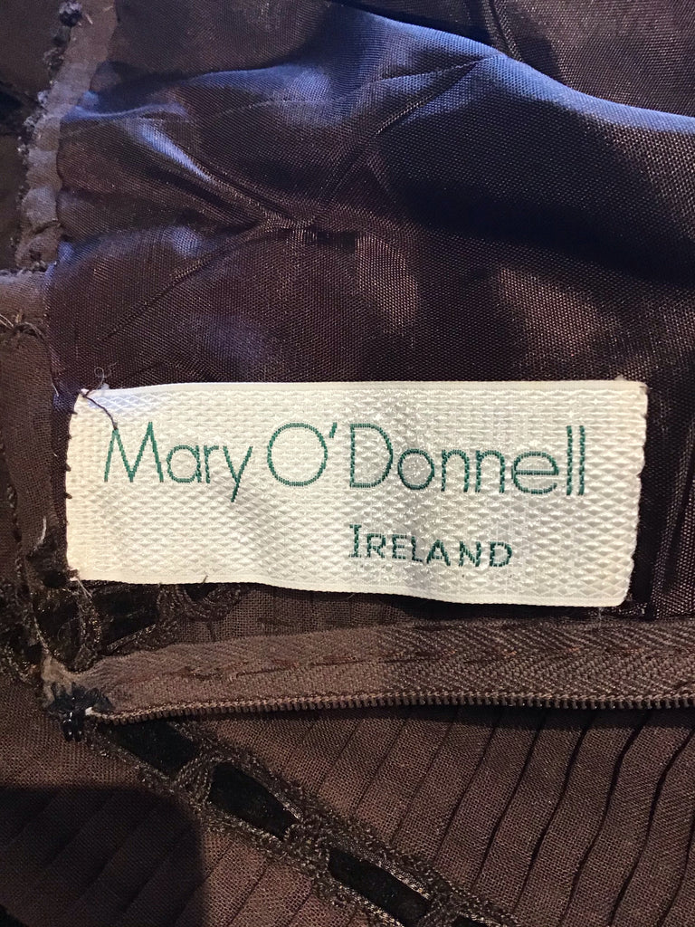 1950's Mary Macdonald Mocha Brown Irish Linen ,silk ribbon trim Pleated Gown-size 2