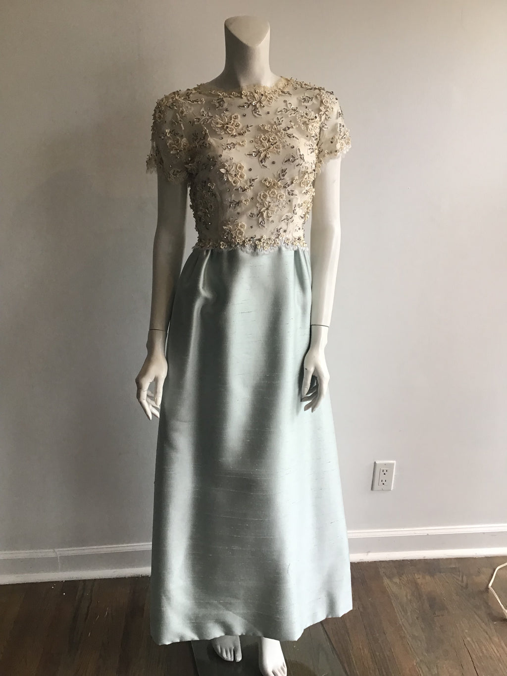 1960s Mat Kaplan Cream Lace and Light Blue Silk Shantung Beaded Evening Gown-size 6