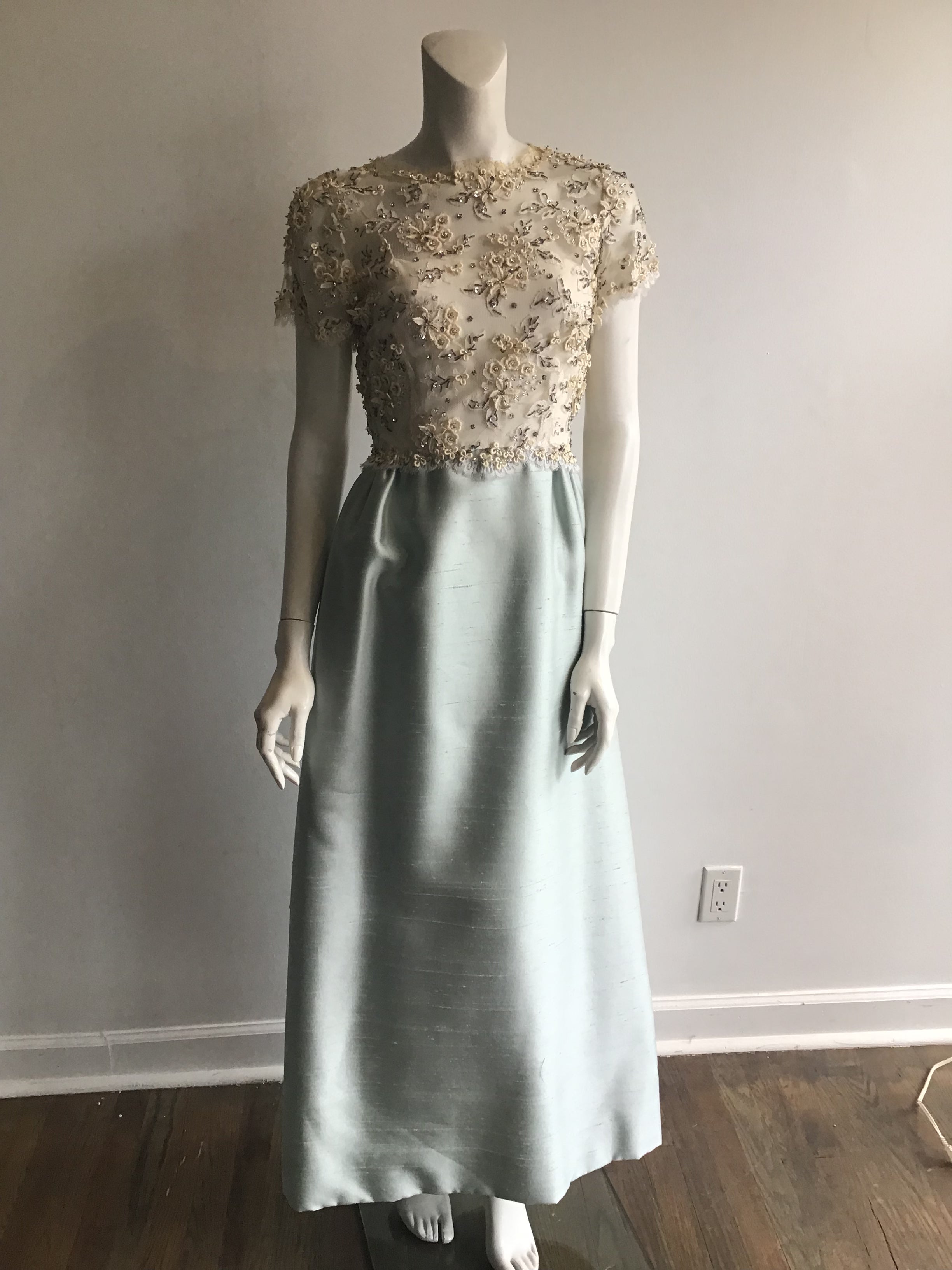 1960s Mat Kaplan Cream Lace and Light Blue Silk Shantung Beaded Evening Gown-size 6