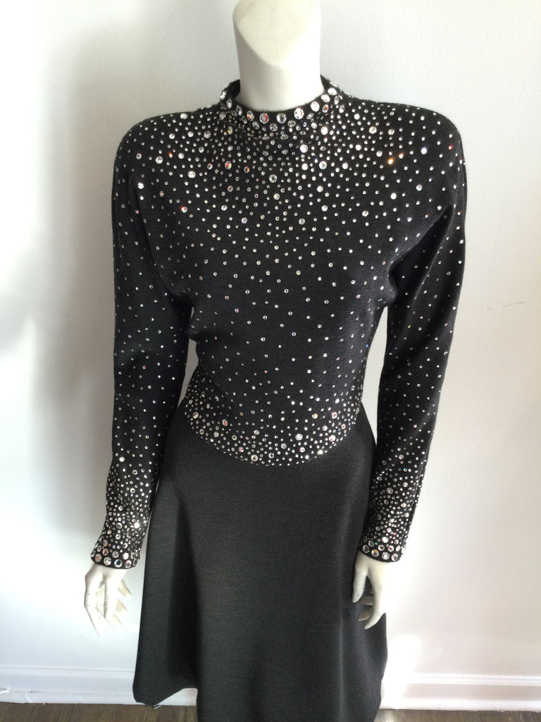 1980's Pauline Trigère Rhinestone Studded Cashmere/Wool blend  Cocktail Dress size 9/10