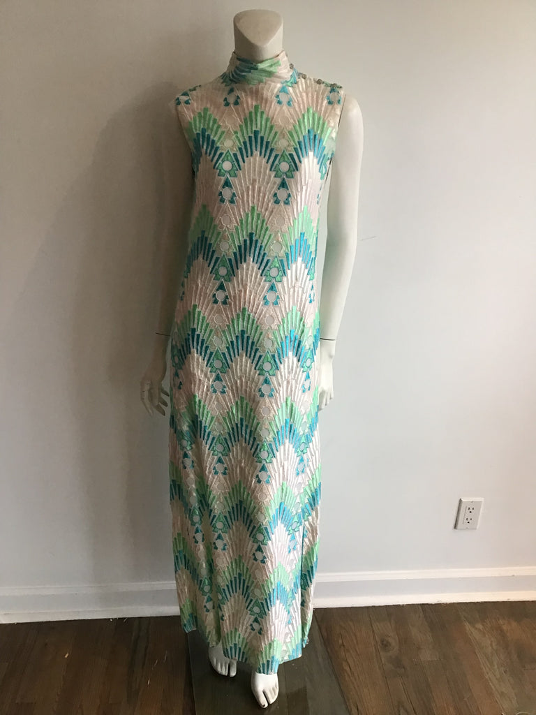 1960s Pat Sandler embroidered Turquoise and White Evening Gown with Matching Shawl