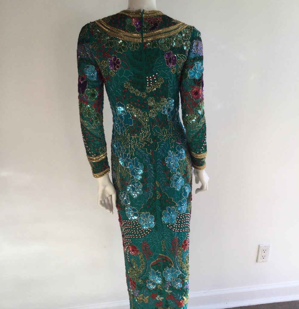 1980s Naeen Khan Green/Multicolored Beaded Gown