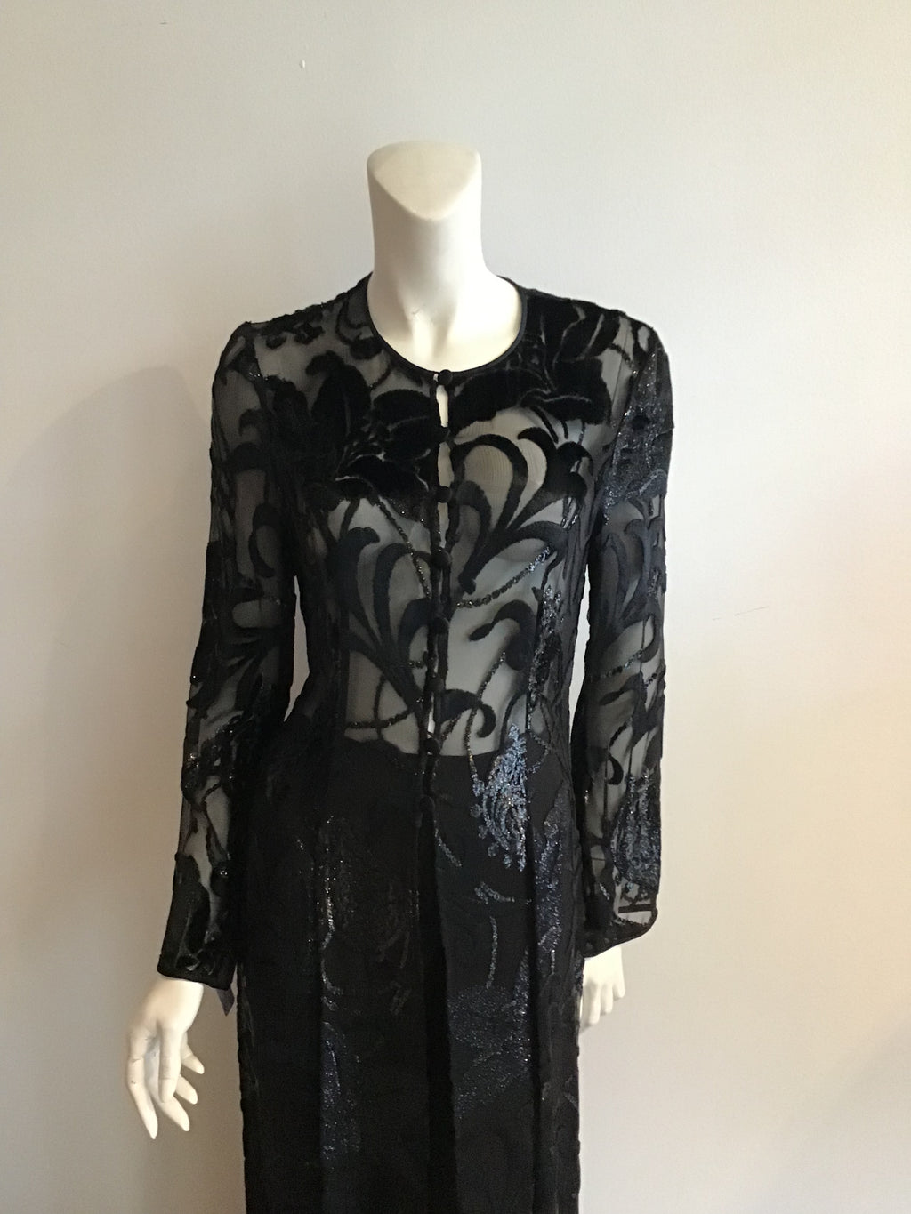 1990s Escada Black  Long Silk burnout velvet Tunic and Silk Pants Size 8