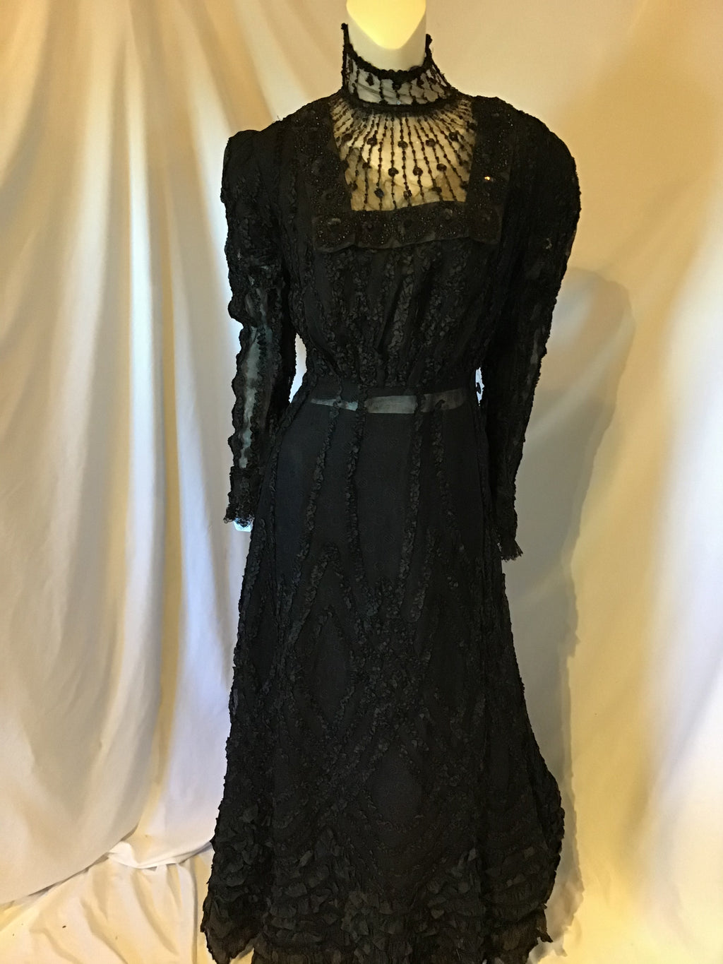 1900s Victorian Black Ribbon and net dress