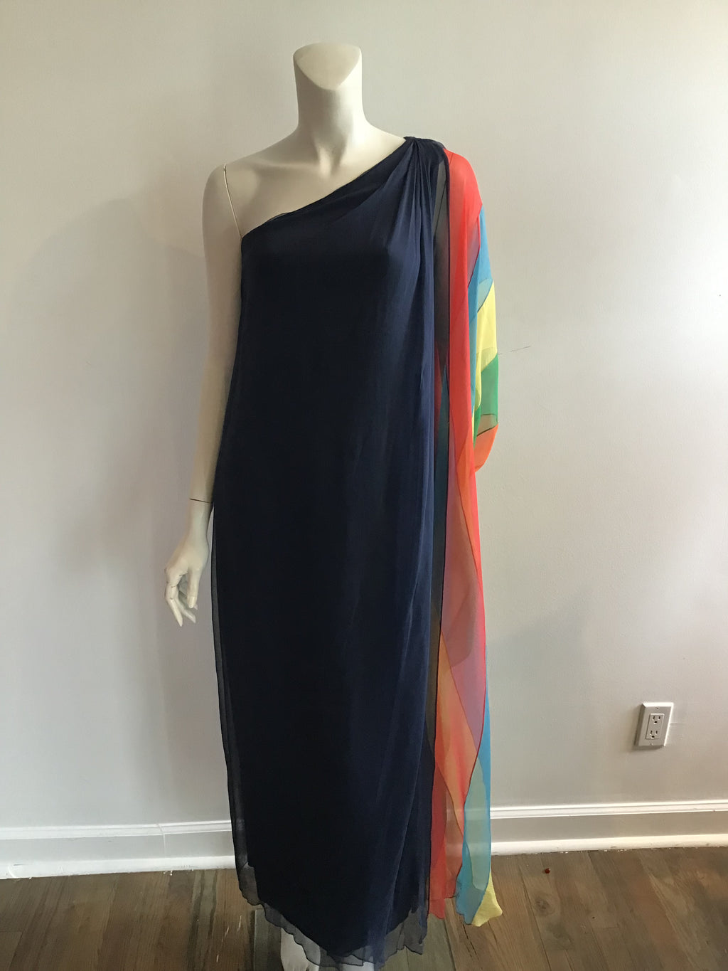 1960s Galanos Navy Chiffon One Shoulder Evening Gown