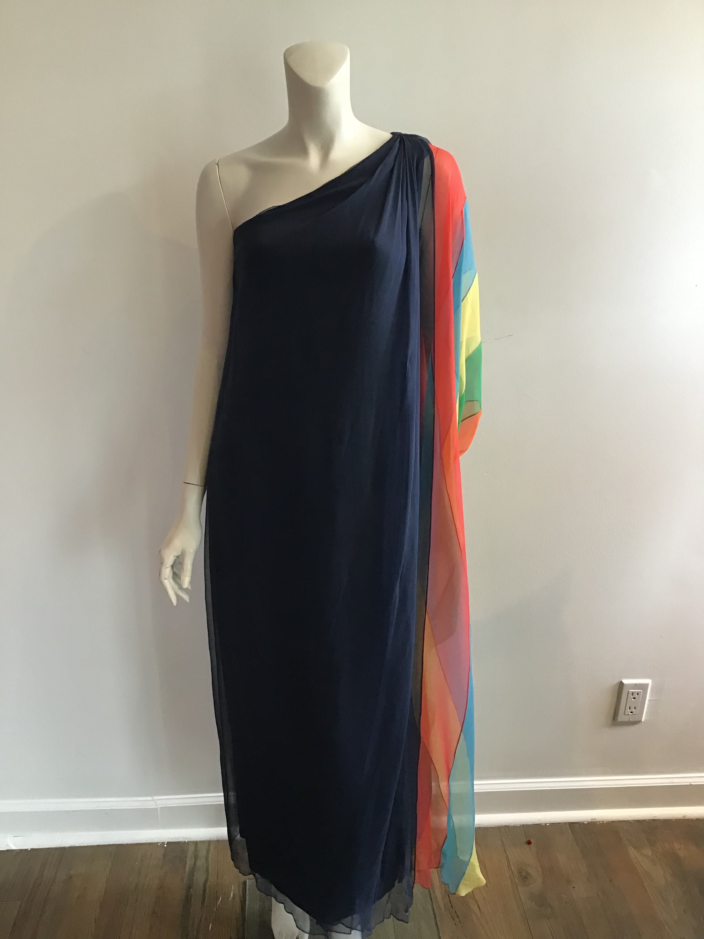 1960s Galanos Navy Chiffon One Shoulder Evening Gown