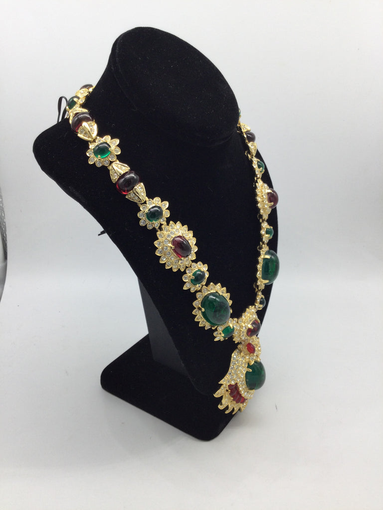 Kenneth Jay Lane Green /Red Cabochon Glass Mughal Style necklace/earrings