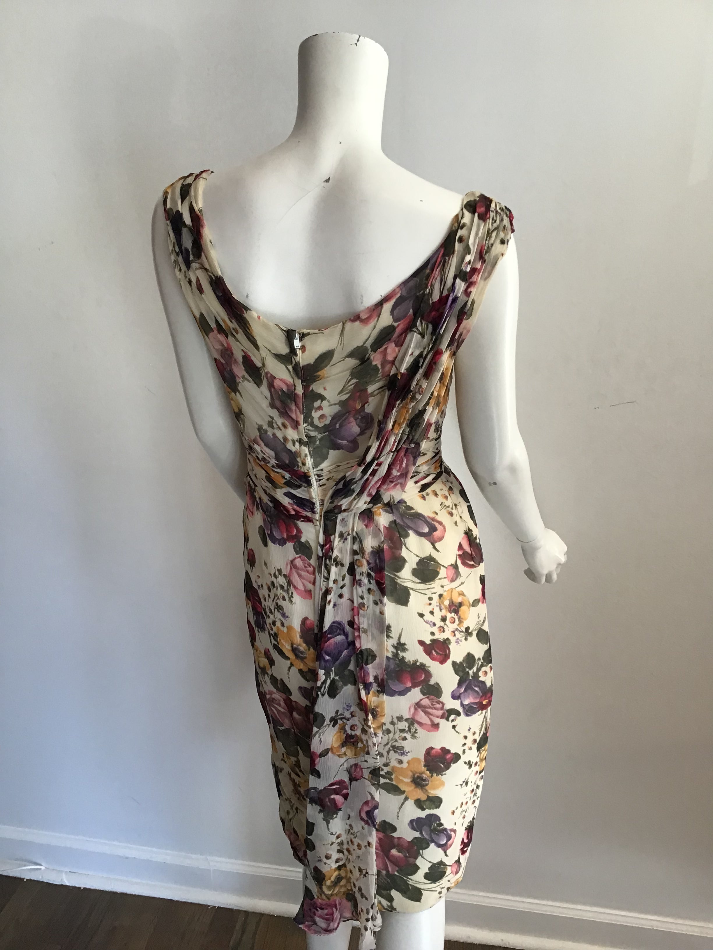 1950s Ceil Chapman Cream Floral Silk Chiffon Cocktail Dress-size 6