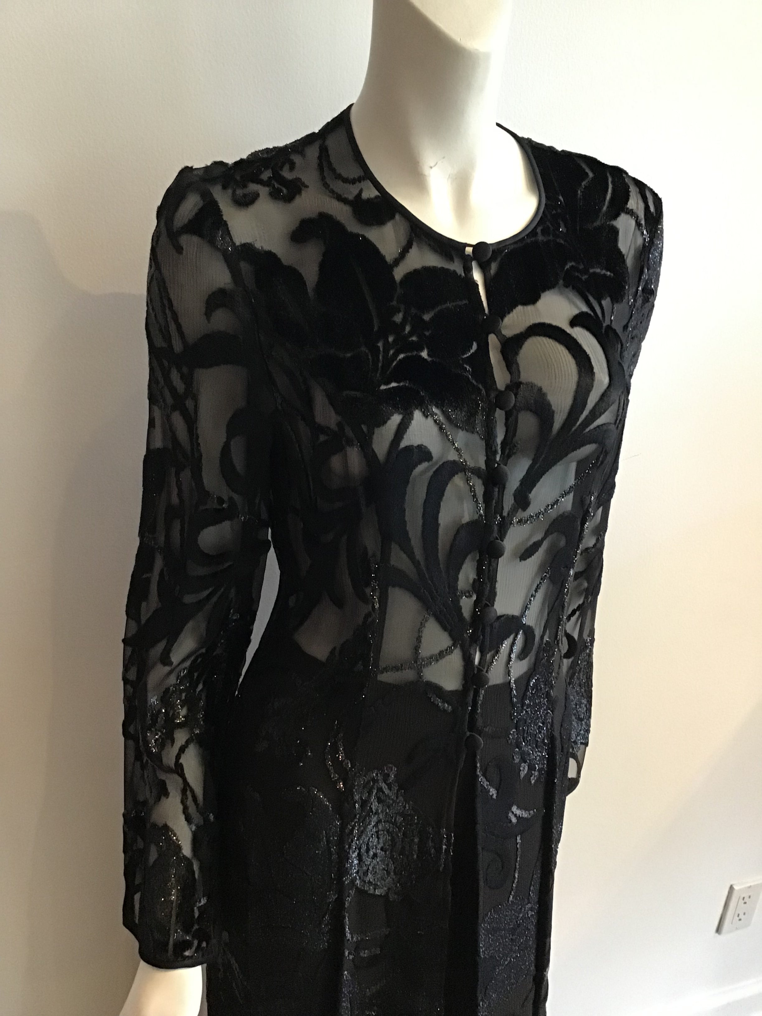 1990s Escada Black  Long Silk burnout velvet Tunic and Silk Pants Size 8