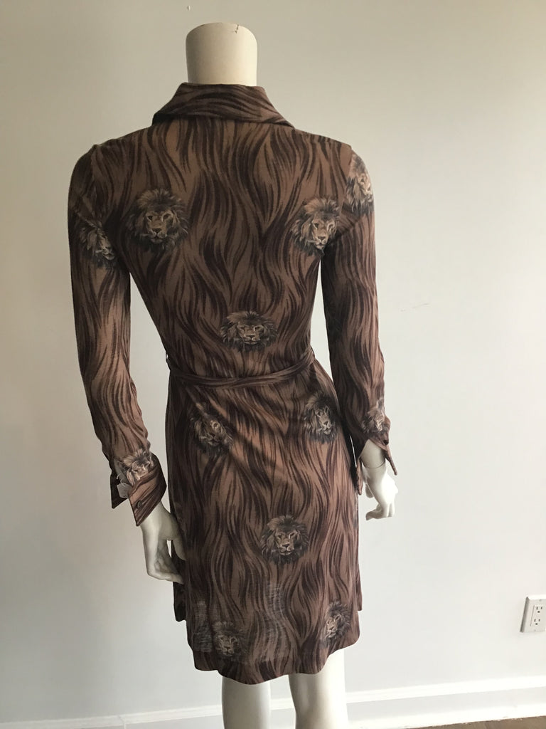 1970s Saint Clair for Thayer Brown Printed Dress with Lions