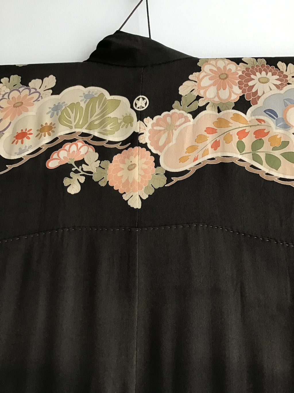 1930's Black Japanese Silk Crepe Kimono with  Flower Motif
